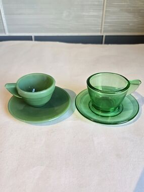 Akro Agate (2) Jadeite & Uranium Cup & Saucer, Child Set - Vintage Style